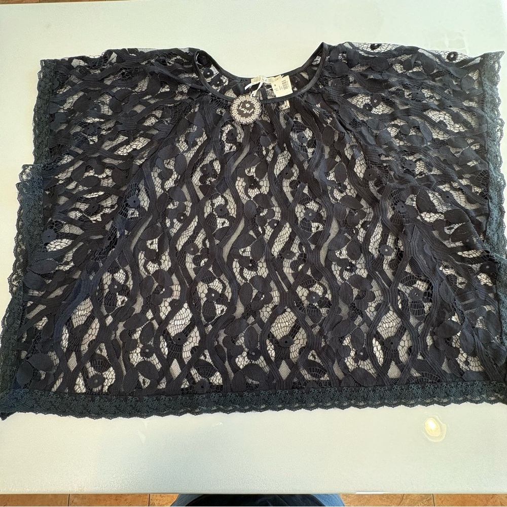 Hazel Black Lace Sheer Blouse Women’s Floral Overlay Dressy Top Boxy Oversized